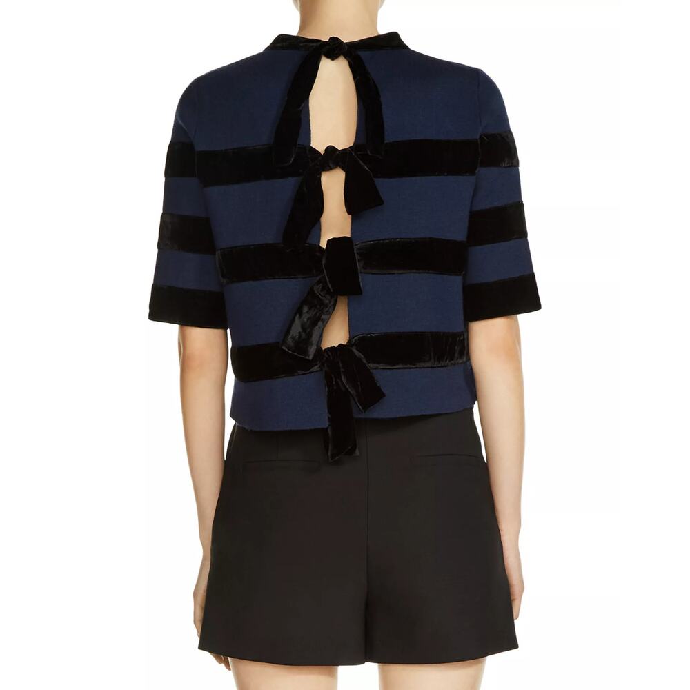 Maje Velvet Stripe Meline Knit Crop Top Open Back Navy Blue Size 2 / Medium - Picture 2 of 10